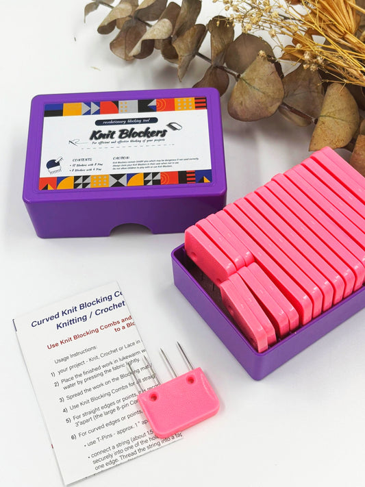 Pink knit blockers in a purple container with instructions on a white background