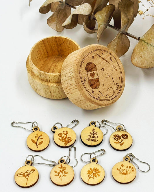 Wooden Round Knitting Markers with Carved Storage