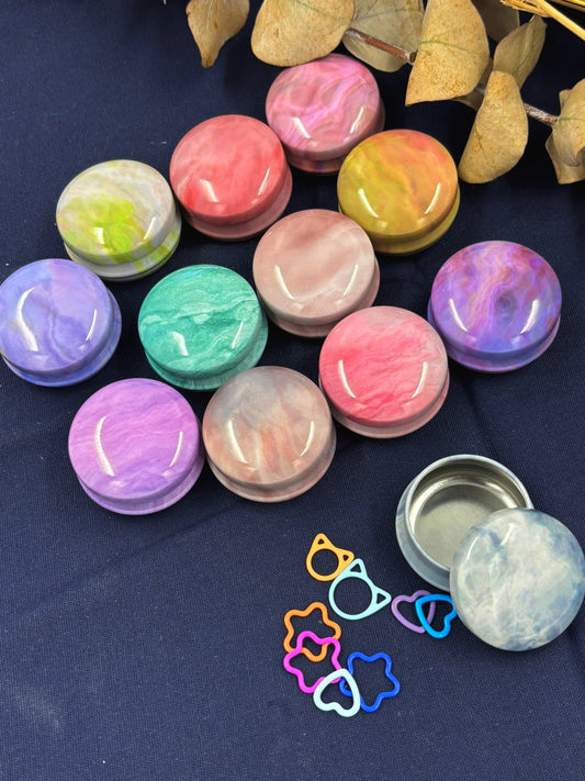 Tiny Round Marbled Metal Box with 8 Stitch Markers