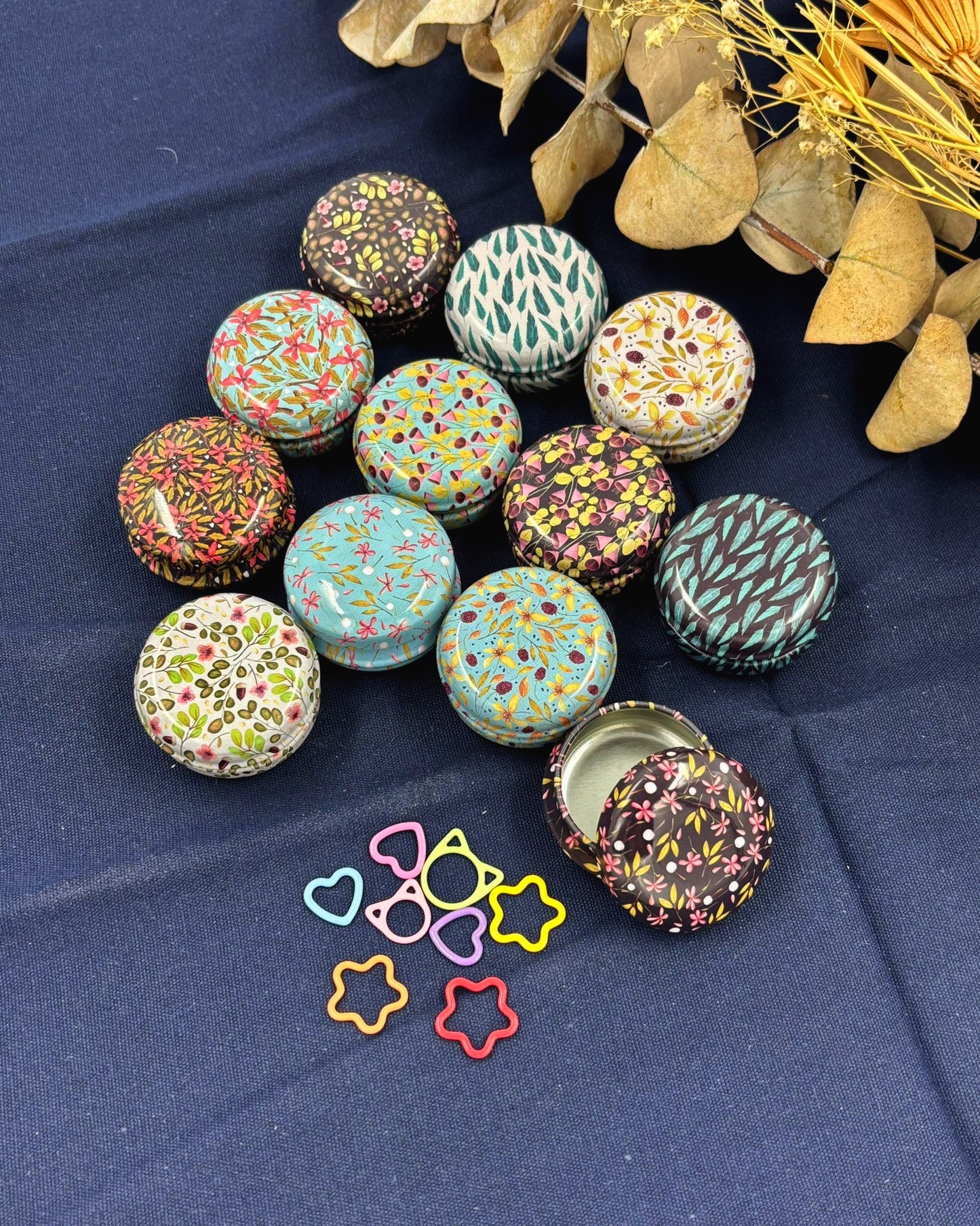 Tiny Round Floral Metal Box with 8 Stitch Markers