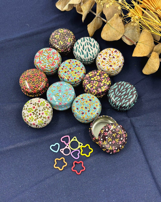 Tiny Round Floral Metal Box with 8 Stitch Markers